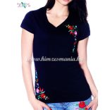 V-neck T-shirt short sleeves - machine embroidy - Kalocsa style Hungary - black