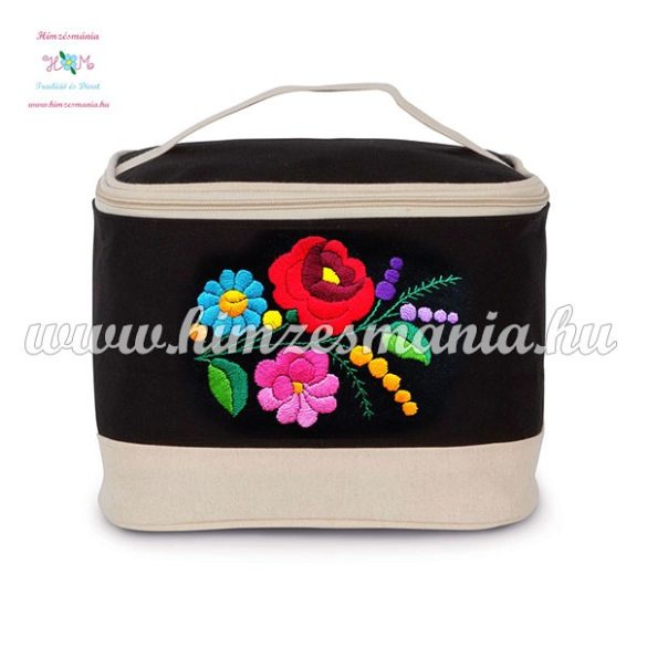 Cosmetic bag - handmade folk embroidery - Kalocsa pattern - black-natural