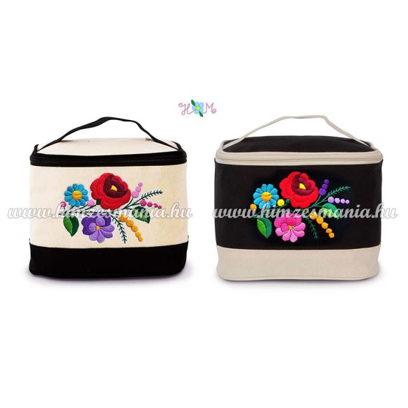 Cosmetic bag - handmade folk embroidery - Kalocsa pattern - black-natural