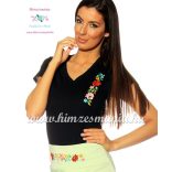 Kalocsai hímzett V nyakú póló - fekete - Hímzésmánia (S, M, L, XL, 2XL)