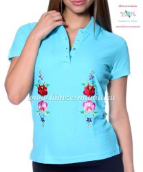 Women polo shirt - hungarian folk  machine embriodery - Kalocsai design - turquoise