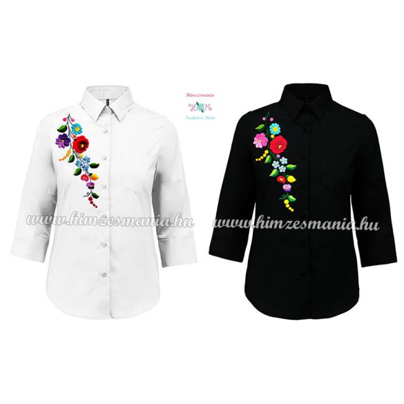 3/4-es ujjú zsebes kalocsai mintás női ing - kézi hímzés - fehér