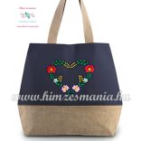Large cotton and jute (juco) shopper bag - folk embroidery - Matyo style - jeans effect