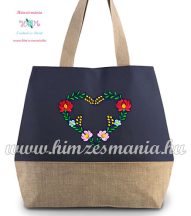   Large cotton and jute (juco) shopper bag - folk embroidery - Matyo style - jeans effect