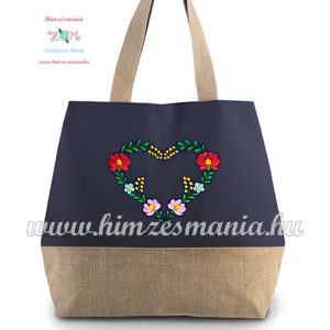 Large cotton and jute (juco) shopper bag - folk embroidery - Matyo style - jeans effect