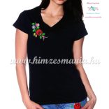 V-nyakú fekete női póló kalocsai hímzéssel - Hímzésmánia 