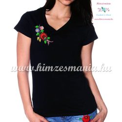   V-nyakú fekete női póló kalocsai hímzéssel - Hímzésmánia 