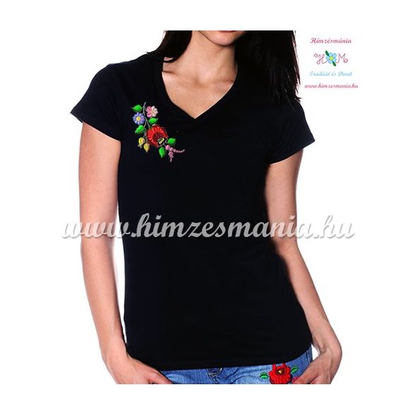 V-neck, short-sleeved T-shirt women - machine embroidery - Kalocsa folk motif - black