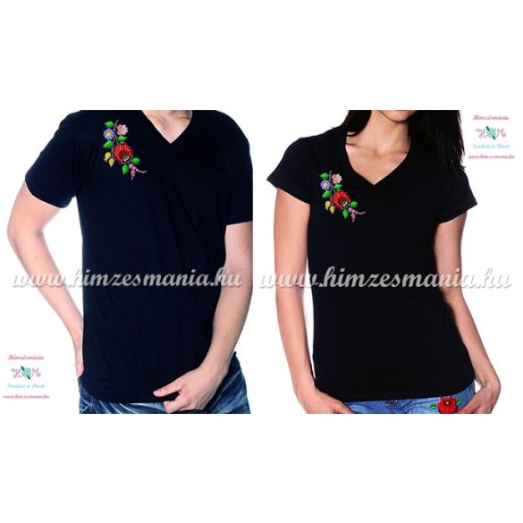 V-nyakú fekete női póló kalocsai hímzéssel - Hímzésmánia 
