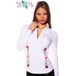 Embroidery Mania - Long Sleeve polo - hungarian folk embroidered - kalocsa stye - white