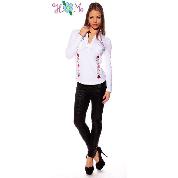 Embroidery Mania - Long Sleeve polo - hungarian folk embroidered - kalocsa stye - white