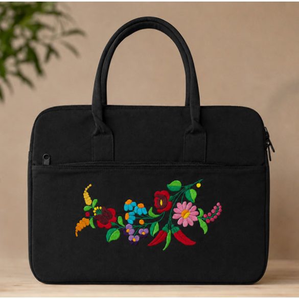 KALOCSAI PATTERN BUSINESS BAG - HAND EMBROIDERY - BLACK
