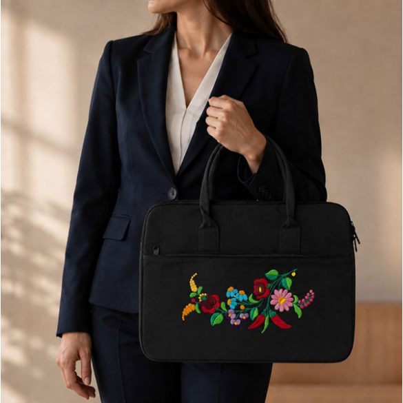 KALOCSAI PATTERN BUSINESS BAG - HAND EMBROIDERY - BLACK