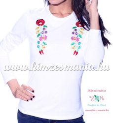 Ladies long sleeve T-shirt - hungarian traditional machine embroidery - Kalocsa style - white