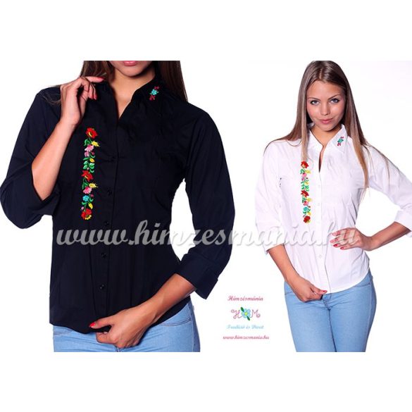 Kézi hímzésű 3/4-es ujjú női ing kalocsai motívummal - fehér