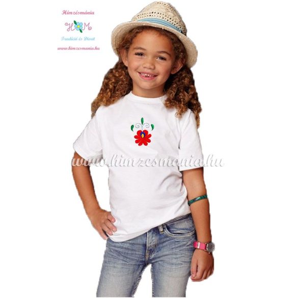 Matyó rózsával hímzett gyerek póló - lányoknak - fehér - Hímzésmánia