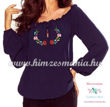 Women's blouse - folk embroidery - Kalocsa style - navy