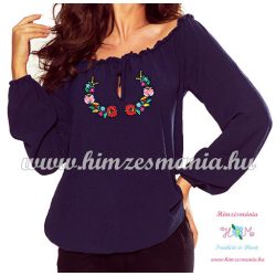 Women's blouse - folk embroidery - Kalocsa style - navy