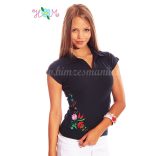 Women polo shirt - hungarian folk embroidery - Kalocsa style - navy