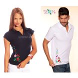 Women polo shirt - hungarian folk embroidery - Kalocsa style - navy