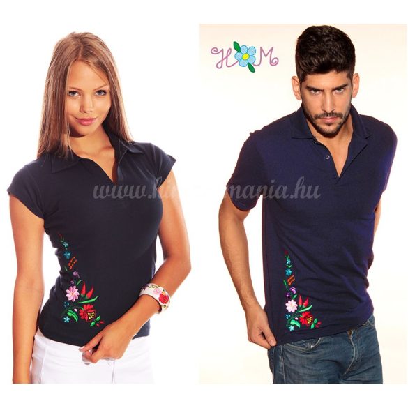 Women polo shirt - hungarian folk embroidery - Kalocsa style - navy