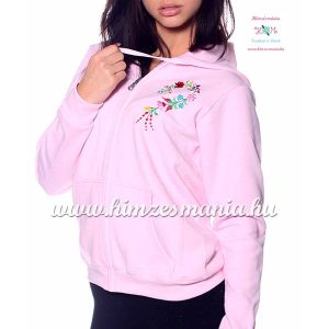 Kapucnis cipzáras, elején-hátulján hímzett női felső, szív alakú kalocsai mintával - rózsaszín 
