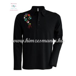   Men's polo shirt - long sleeve - machine embroidery - Kalocsa style - black