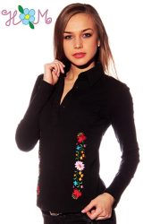 Embroidery Mania - Long Sleeve polo - hungarian folk embroidered - kalocsa stye - black