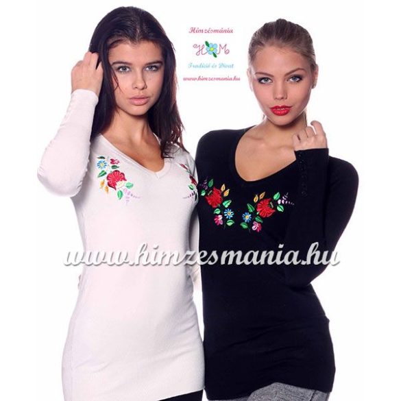 Kalocsai mintás V nyakú hosszú pulóver - Hímzésmánia - fekete (S,M) 
