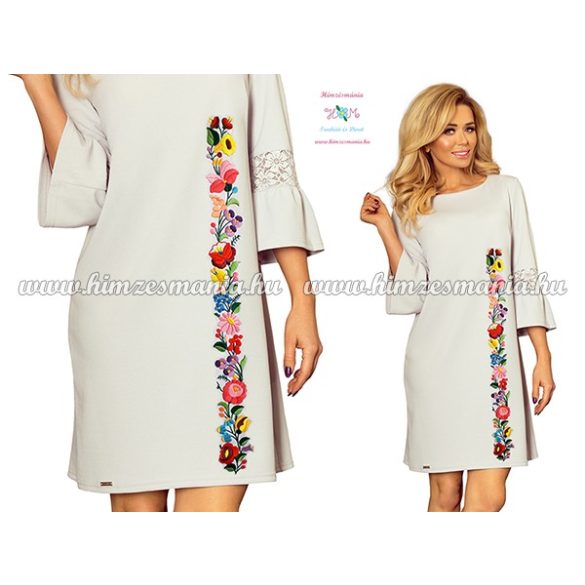 Women's dress - folk embroidery - handmade - Kalocsa motif - light gray