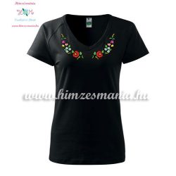   Women's t-shirt - V-neck - short sleeve - hungarian folk - machine embroidery - black