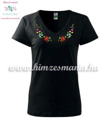 Women's t-shirt - V-neck - short sleeve - hungarian folk - machine embroidery - black