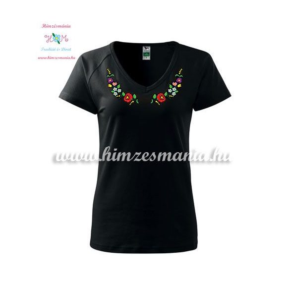 Women's t-shirt - V-neck - short sleeve - hungarian folk - machine embroidery - black
