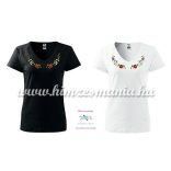 Rövid ujjú V nyakú női póló - kalocsai minta - gépi hímzés - fekete