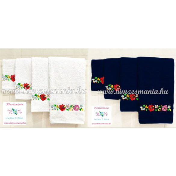 Fehér kéztörlő, törölköző, fürdőlepedő színes kalocsai motívummal - gép hímzés