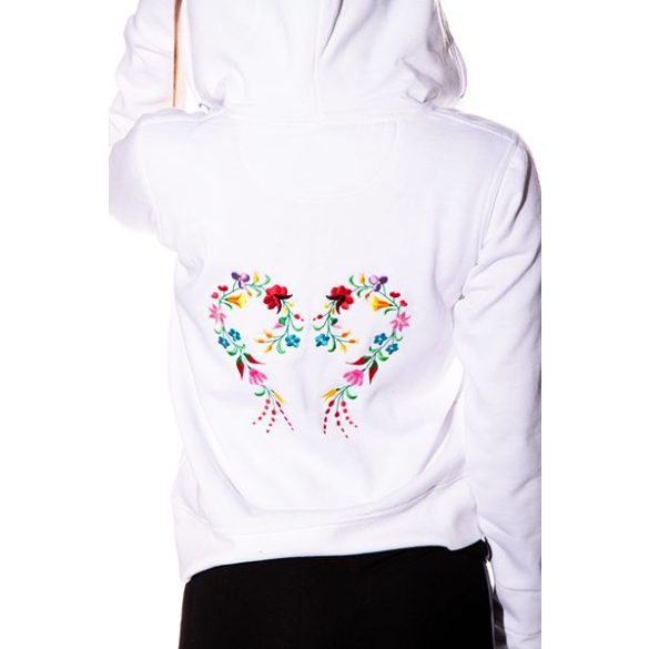 Hímzésmánia - kalocsai elején-hátulján hímzett kapucnis női pulóver - fehér