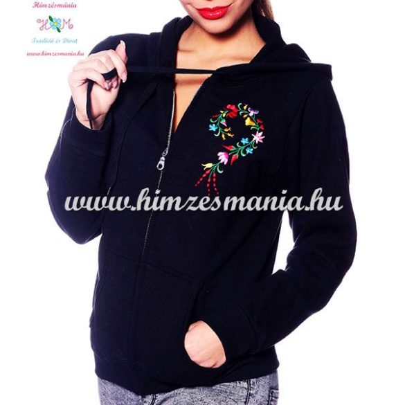 Women sweatshirt - hungarian folk embroidery - kalocsa heart - black
