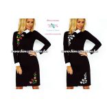 Long sleeve women's dress - hungarian folk embroidery - color Kalocsa pattern