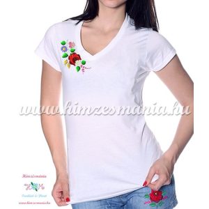 V-neck, short-sleeved T-shirt women - machine embroidery - Kalocsa folk motif - white