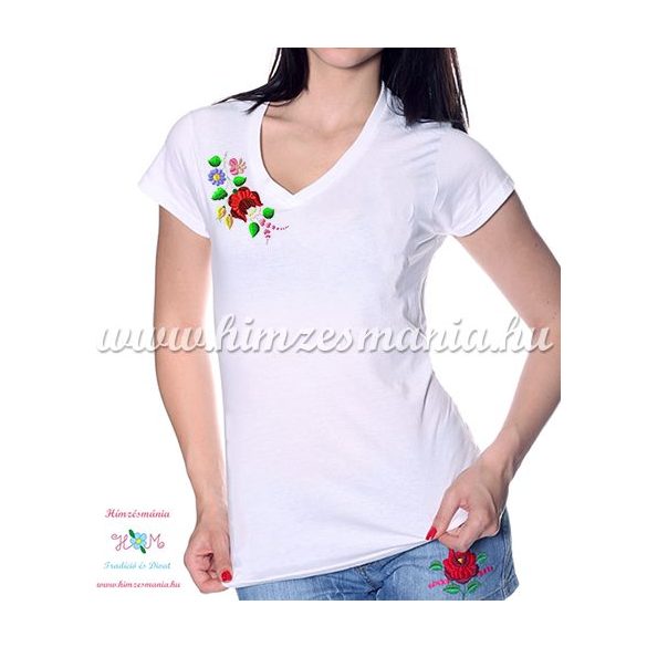V-neck, short-sleeved T-shirt women - machine embroidery - Kalocsa folk motif - white