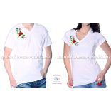 V-nyakú fehér női póló kalocsai hímzéssel - Hímzésmánia 