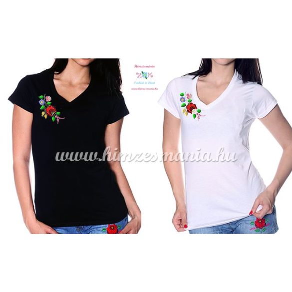 V-nyakú fehér női póló kalocsai hímzéssel - Hímzésmánia 