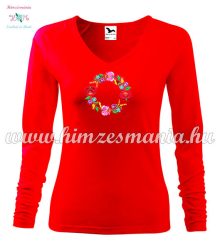 Women's long sleeve V-neck T-shirt - hungarian folk embroidery - Kalocsa style - red