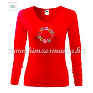 Women's long sleeve V-neck T-shirt - hungarian folk embroidery - Kalocsa style - red