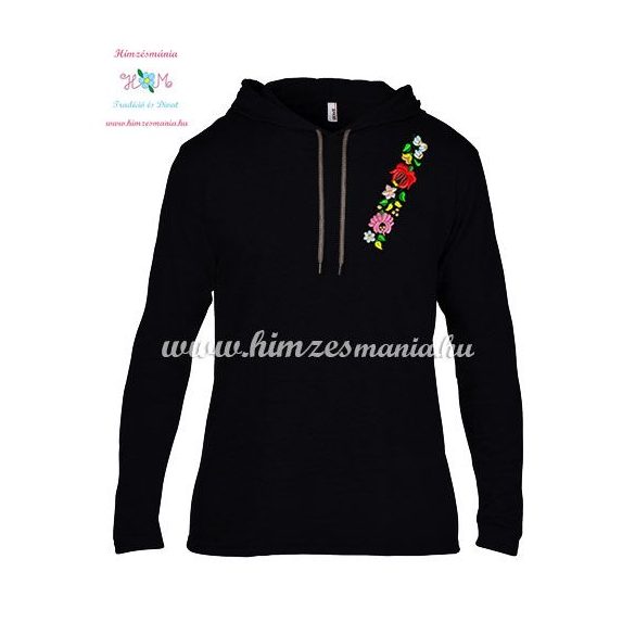 Long Sleeve Hooded Tee - embroidery - hungarian folk style - black