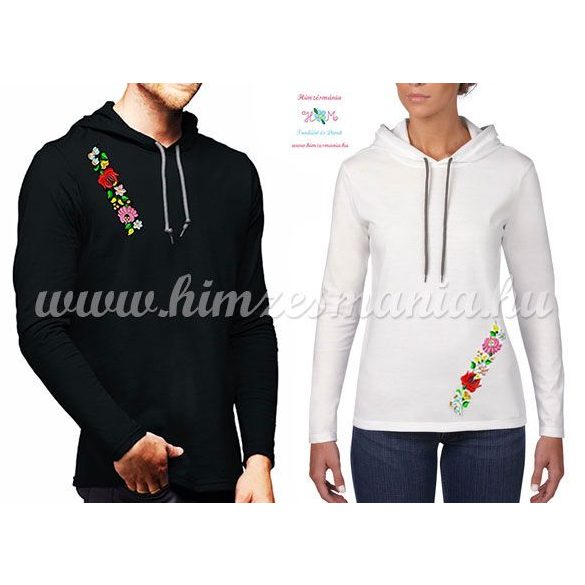 Long Sleeve Hooded Tee - embroidery - hungarian folk style - black