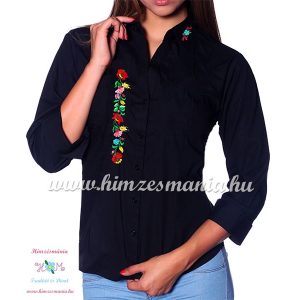 Woman's 3/4 sleeve shirt - hand embroidery - hungarian folk style - black