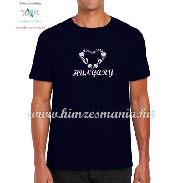 HUNGARY feliratos hímzett férfi póló matyó szív mintával - kék
