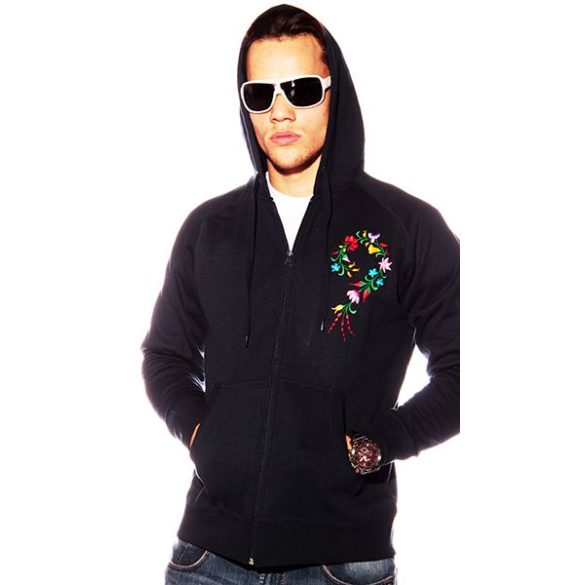 Sweatshirt with zipper - hungarian folk machine-embroidery - kalocsai style - blue