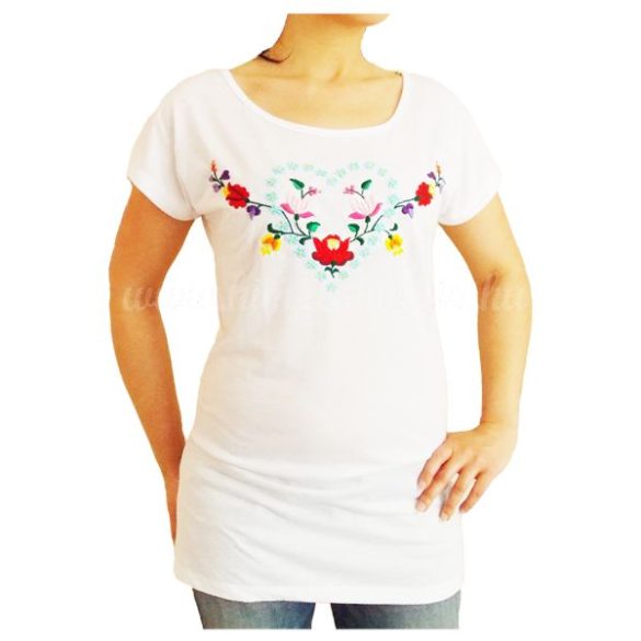 Embroidery Mania - T-shirt dress hungarian folk hand-embroidered - white